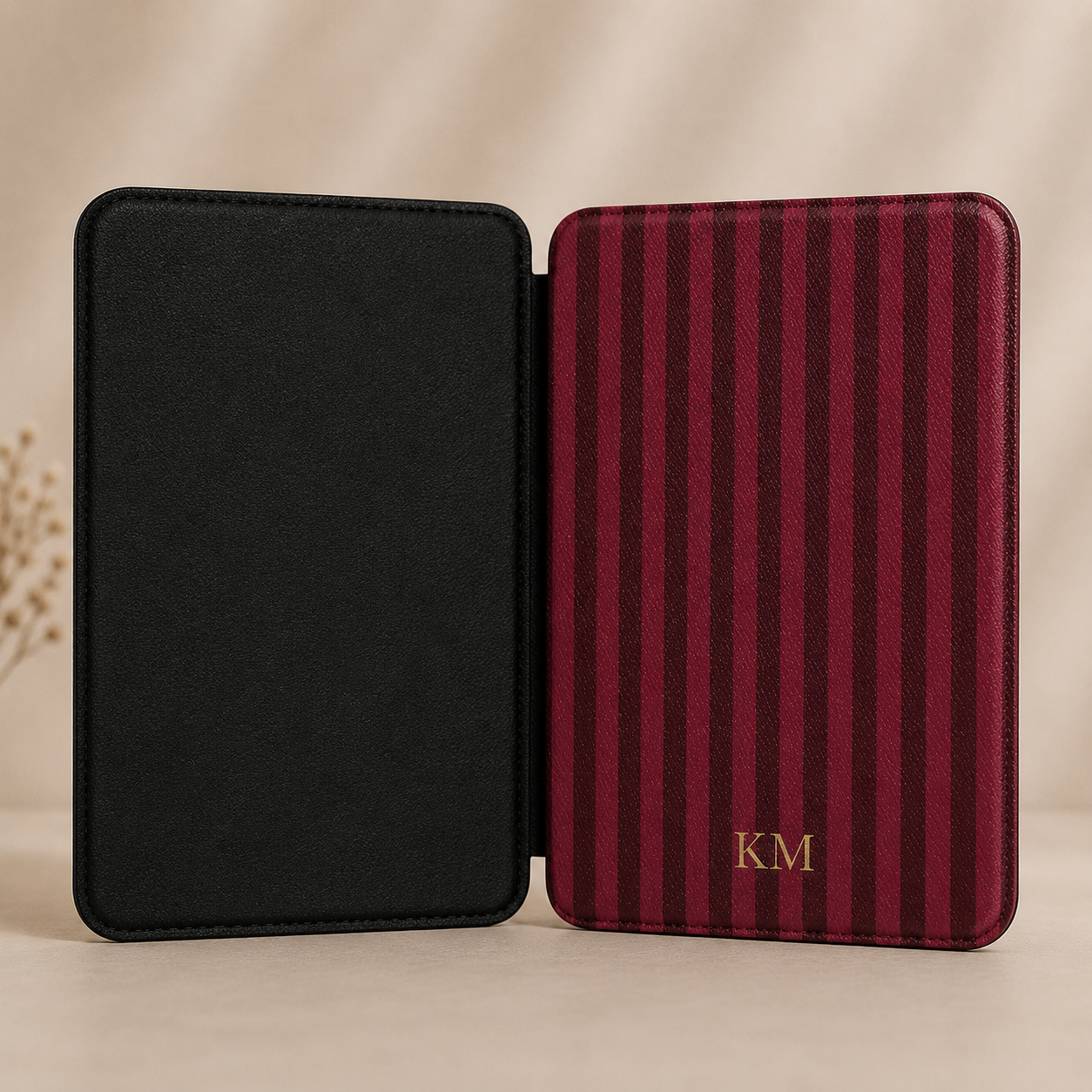 Burgundy pinstripe personalized Kindle Paperwhite case front cover — Maison Noir monogram gift
