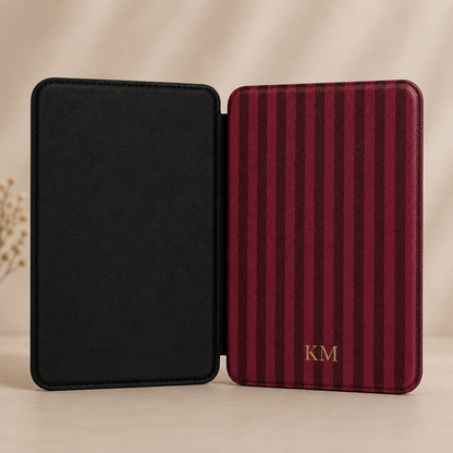 Burgundy pinstripe personalized Kindle Paperwhite case front cover — Maison Noir monogram gift