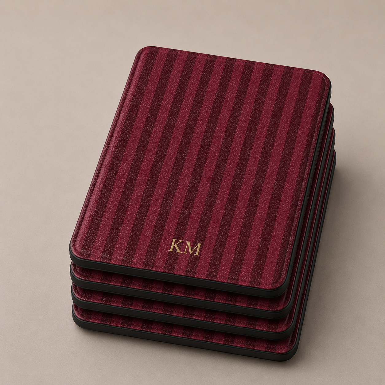 Burgundy pinstripe Kindle case with elastic hand strap — Maison Noir personalized initials
