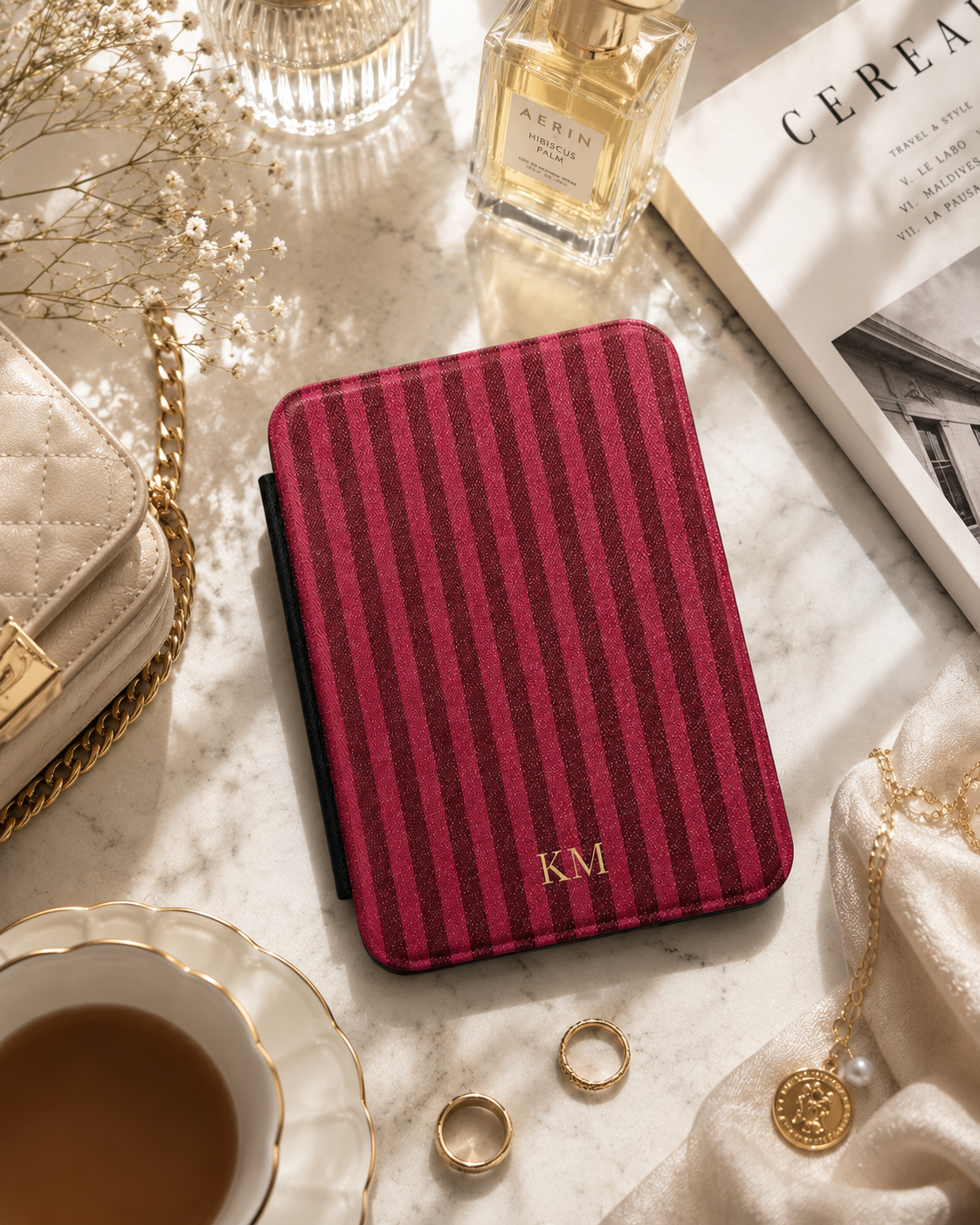 Personalized burgundy pinstripe Kindle case open showing black interior — Maison Noir