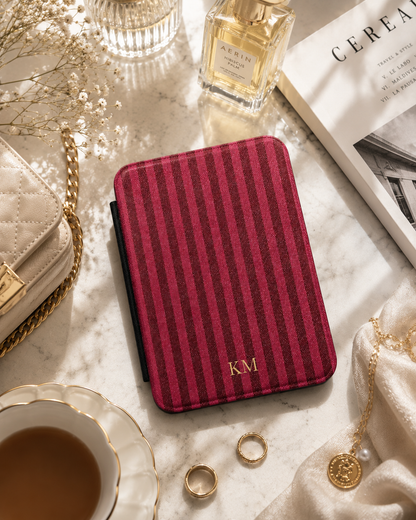 Personalized burgundy pinstripe Kindle case open showing black interior — Maison Noir