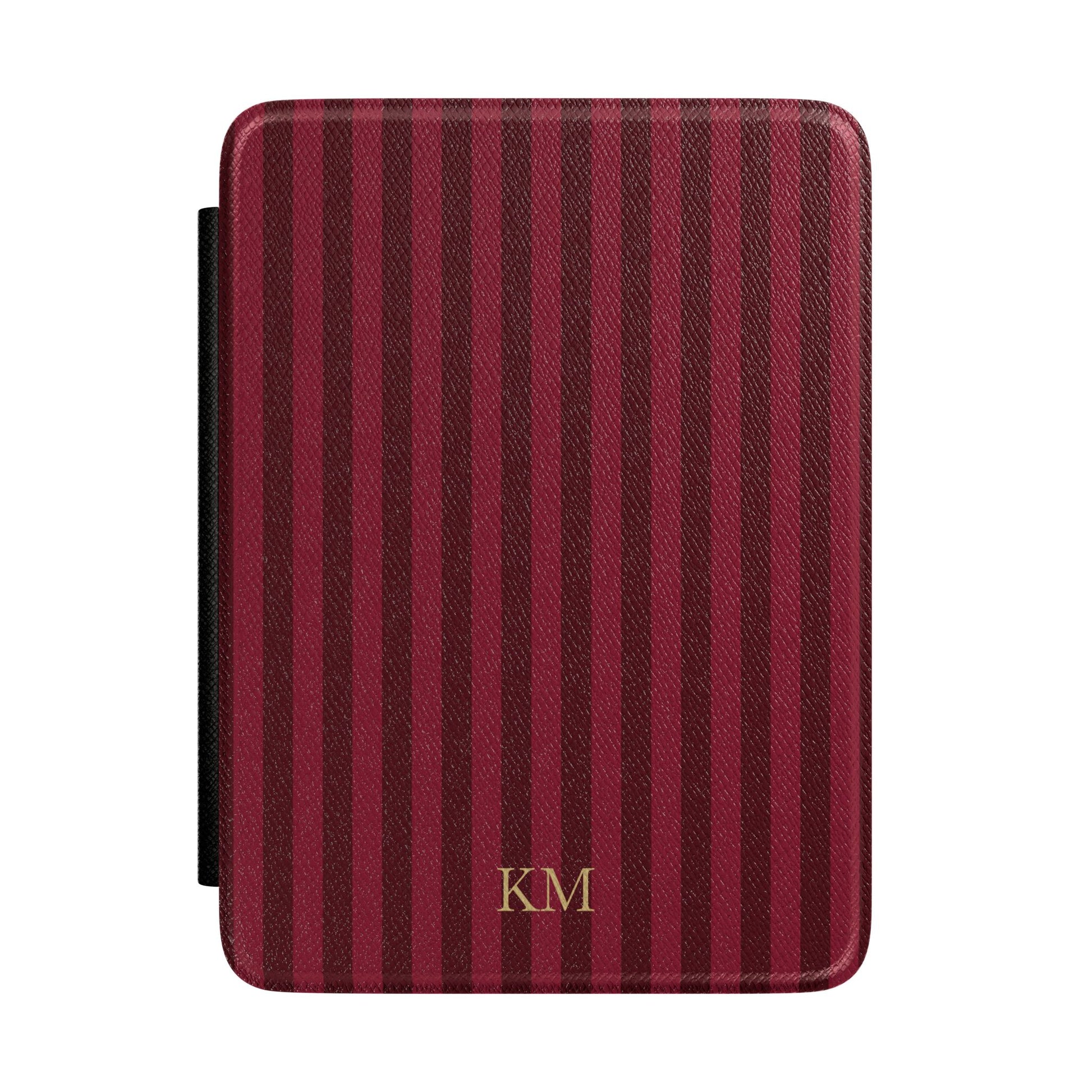 Burgundy pinstripe Kindle Paperwhite case with debossed initials — Maison Noir personalized gift for her