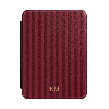 Burgundy pinstripe Kindle Paperwhite case with debossed initials — Maison Noir personalized gift for her