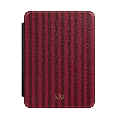 Burgundy pinstripe Kindle Paperwhite case with debossed initials — Maison Noir personalized gift for her