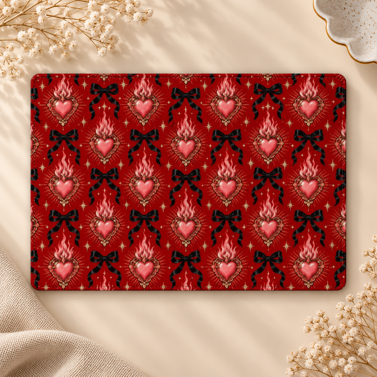 Burning Hearts & Bows Kindle case opened flat, front and back — flaming hearts and black bows on deep red