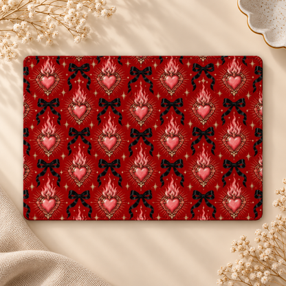 Burning Hearts & Bows Kindle case opened flat, front and back — flaming hearts and black bows on deep red