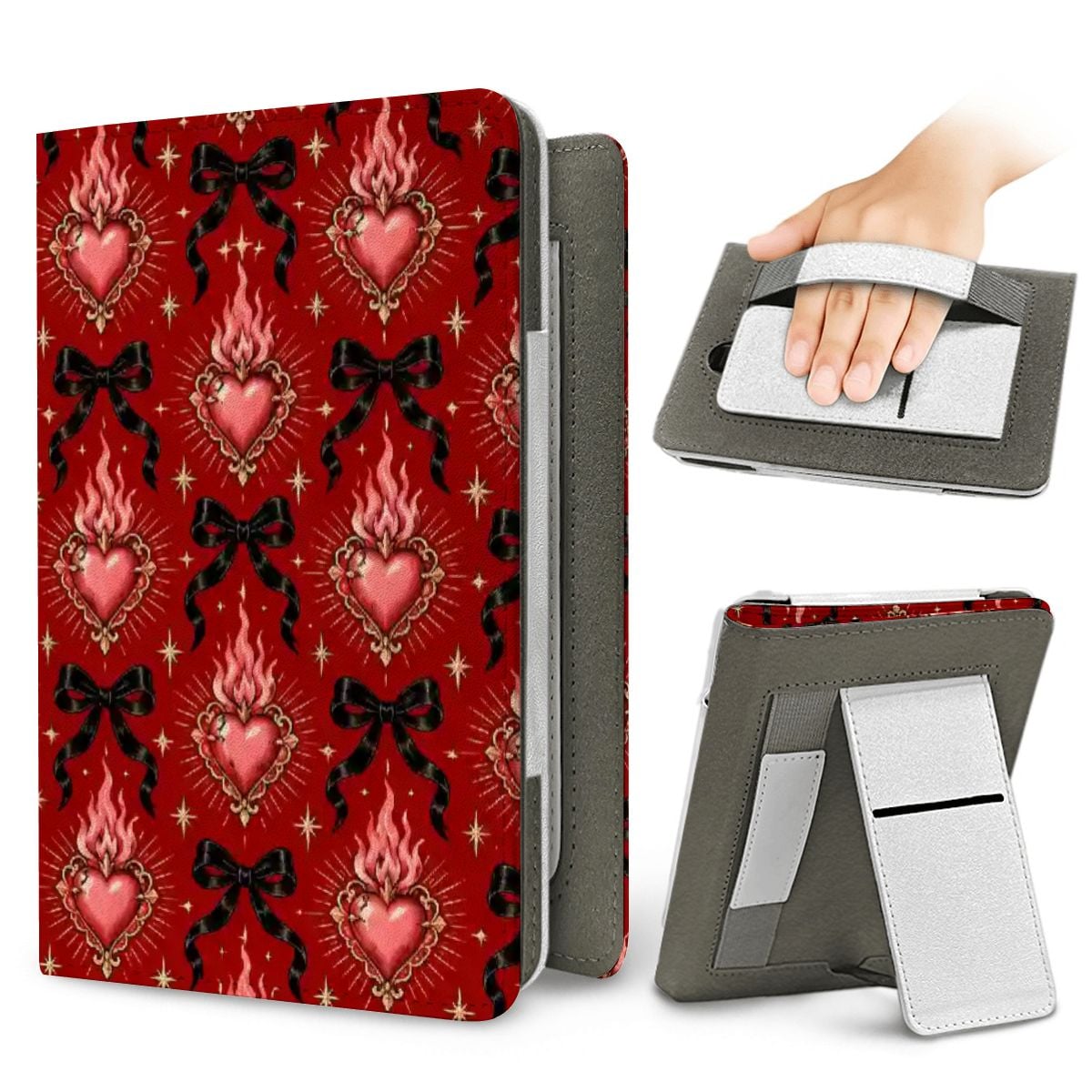 Burning Hearts & Bows Kindle case — elastic hand strap and fold-out stand on the back