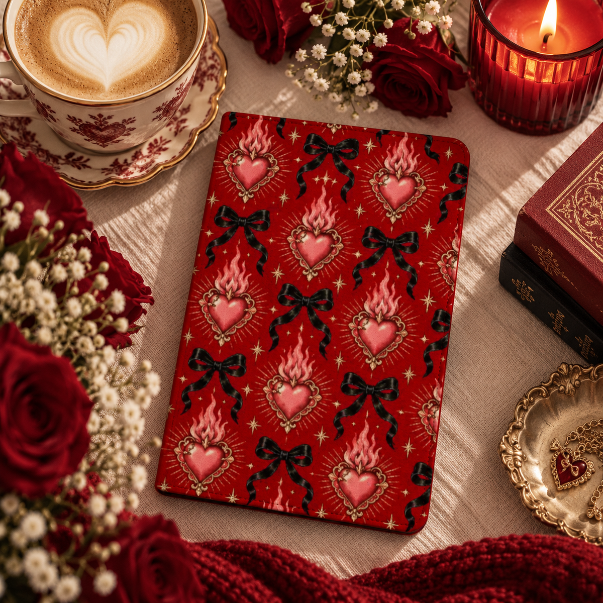 Burning Hearts & Bows Kindle case — flaming pink hearts and black bows on deep red, styled with a latte, roses and candle