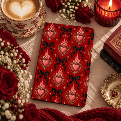 Burning Hearts & Bows Kindle case — flaming pink hearts and black bows on deep red, styled with a latte, roses and candle