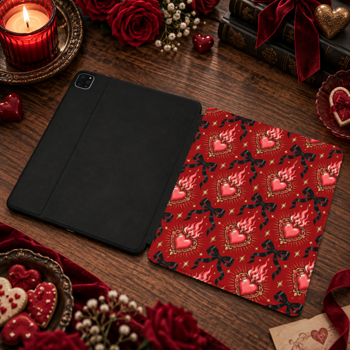 Burning Hearts & Bows iPad case shown front and back — printed front cover, plain black back