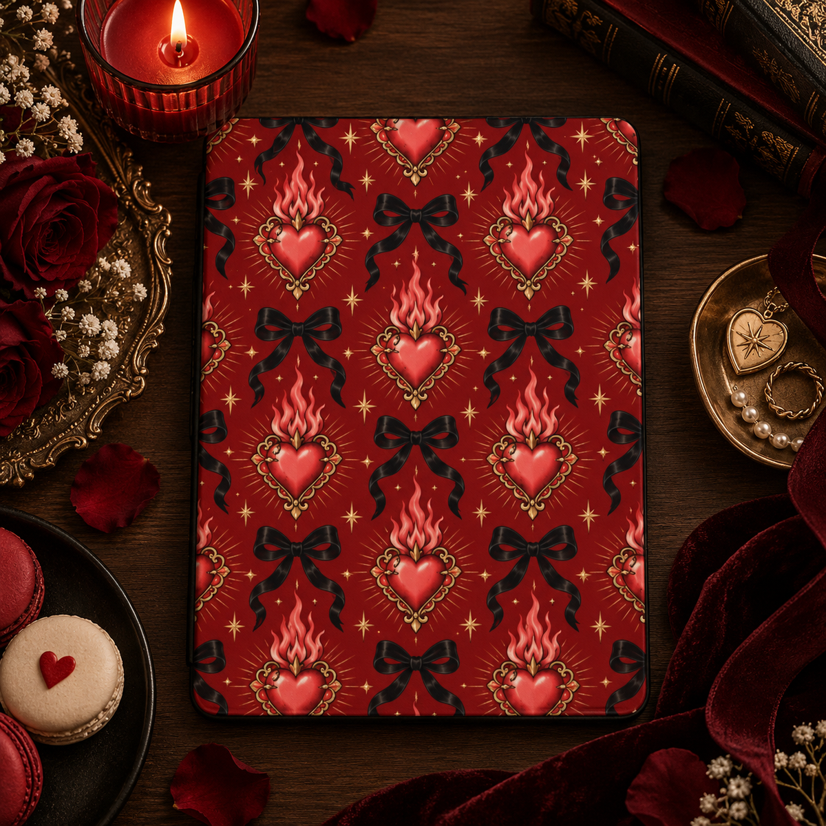 Burning Hearts & Bows iPad case styled with a red candle, macarons and dark velvet