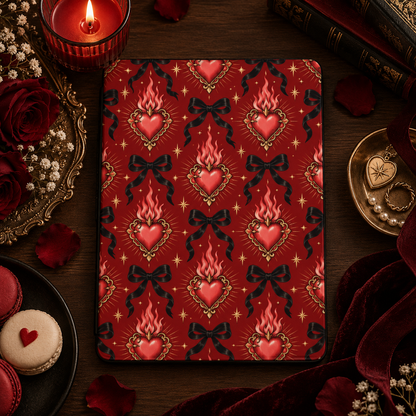 Burning Hearts & Bows iPad case styled with a red candle, macarons and dark velvet