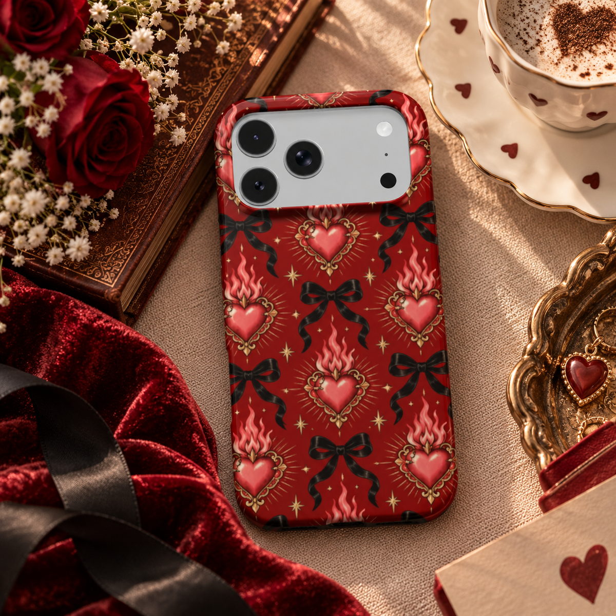 Burning Hearts & Bows phone case – MagSafe iPhone case, lifestyle photo