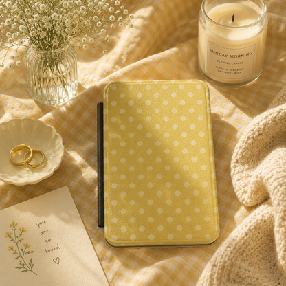 Soft butter yellow polka dot Kindle Paperwhite case — Quiet Bookish gift for readers