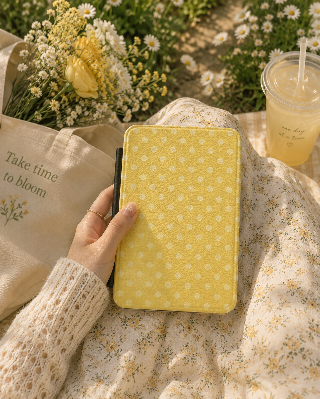 Butter yellow polka dot Kindle case with elastic hand strap — Quiet Bookish cream print