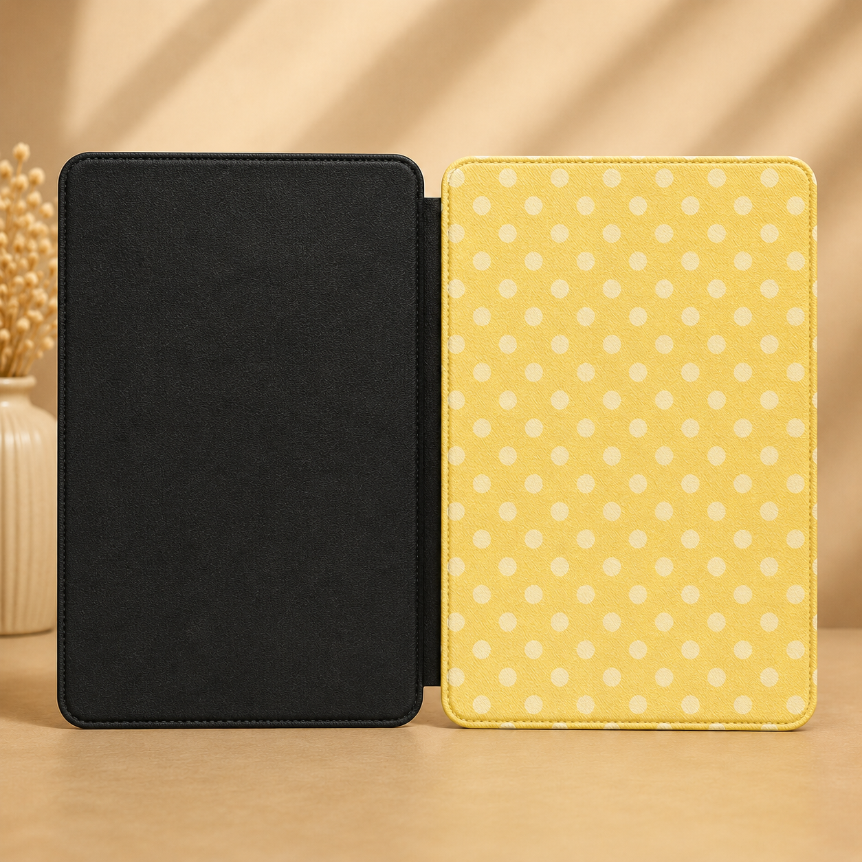 Butter yellow polka dot Kindle case open showing black interior — Quiet Bookish