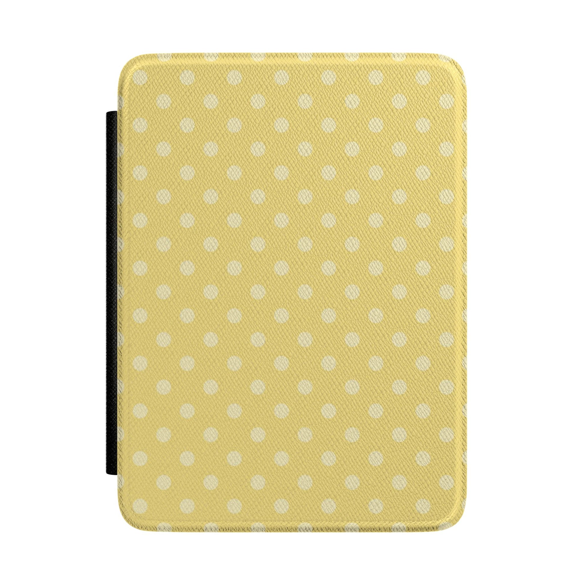 Soft butter yellow Kindle Paperwhite case with cream polka dots front cover — Quiet Bookish gift