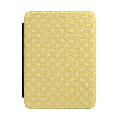 Soft butter yellow Kindle Paperwhite case with cream polka dots front cover — Quiet Bookish gift