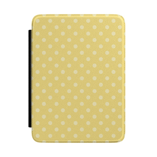 Soft butter yellow Kindle Paperwhite case with cream polka dots front cover — Quiet Bookish gift