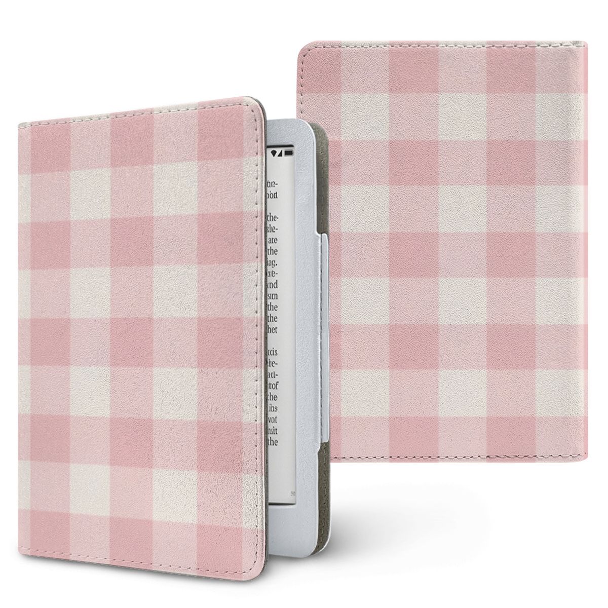 Pink Cottage Gingham Kindle case, printed front and back, fits Kindle Paperwhite 6.8 and 7 inch and Colorsoft
