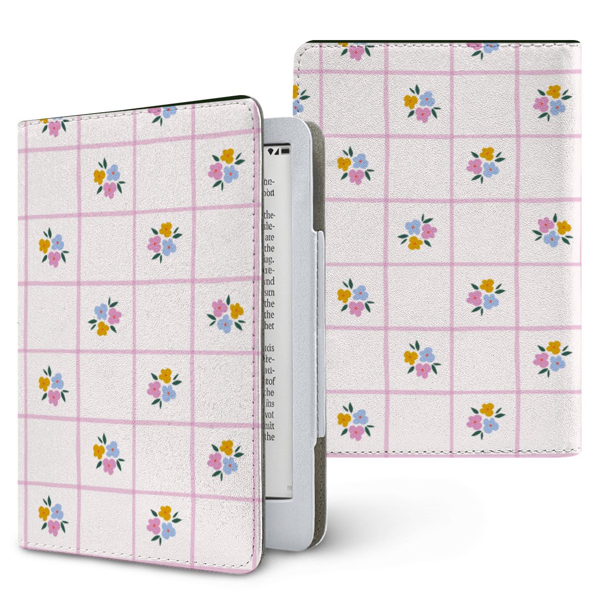 Ditsy Floral Check Kindle case — blush floral, printed front and back