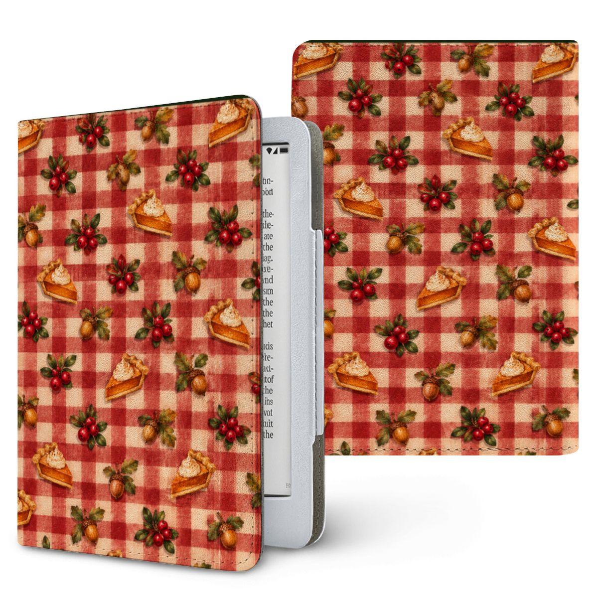 Cranberry Gingham Kindle case — cranberry sprigs, acorns and pie slices on red gingham, printed front and back
