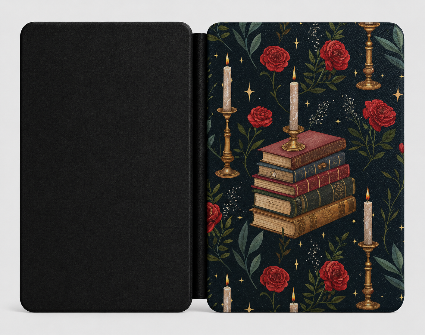 Candlelit Library Kindle case shown at an angle