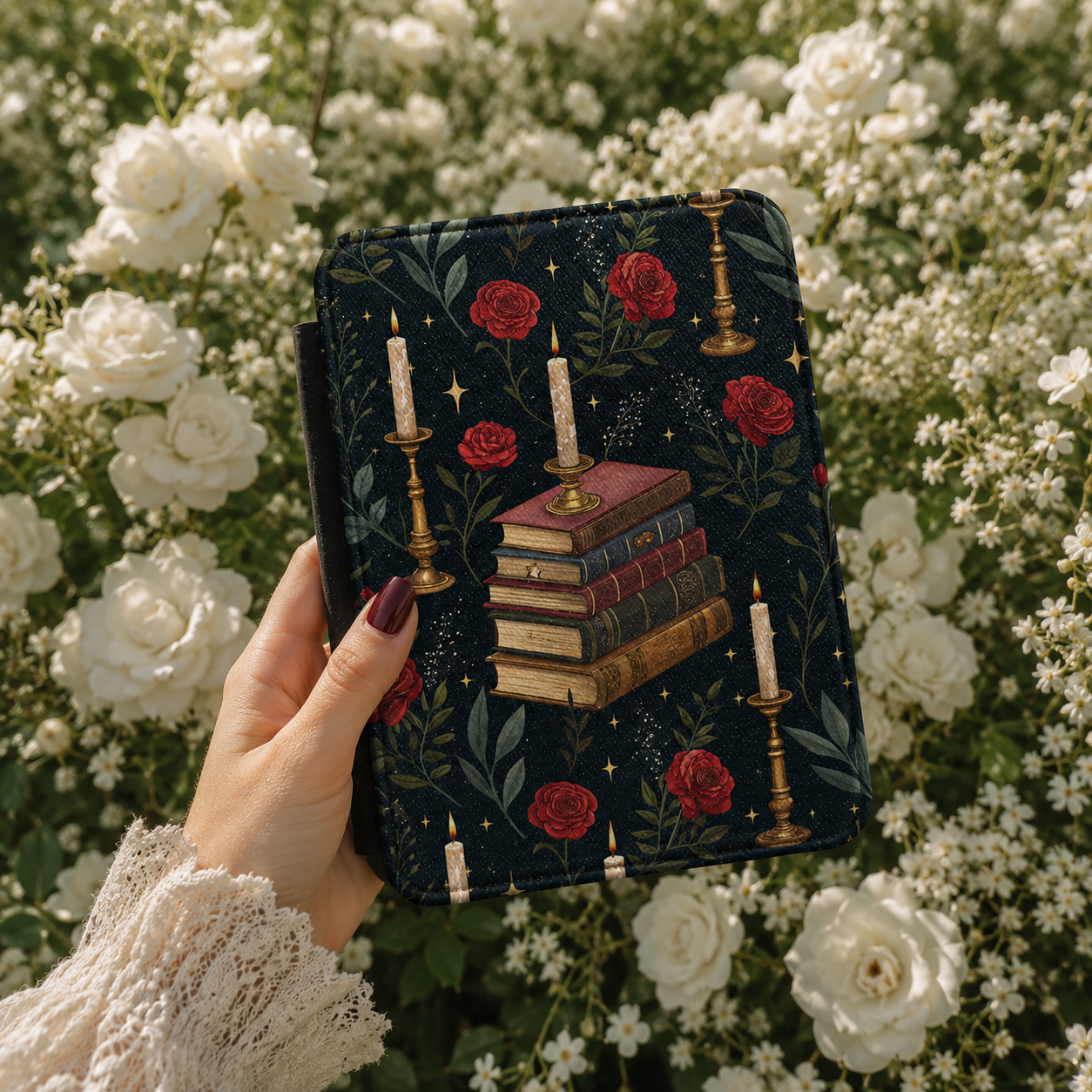 Close-up of Candlelit Library Saffiano Kindle case