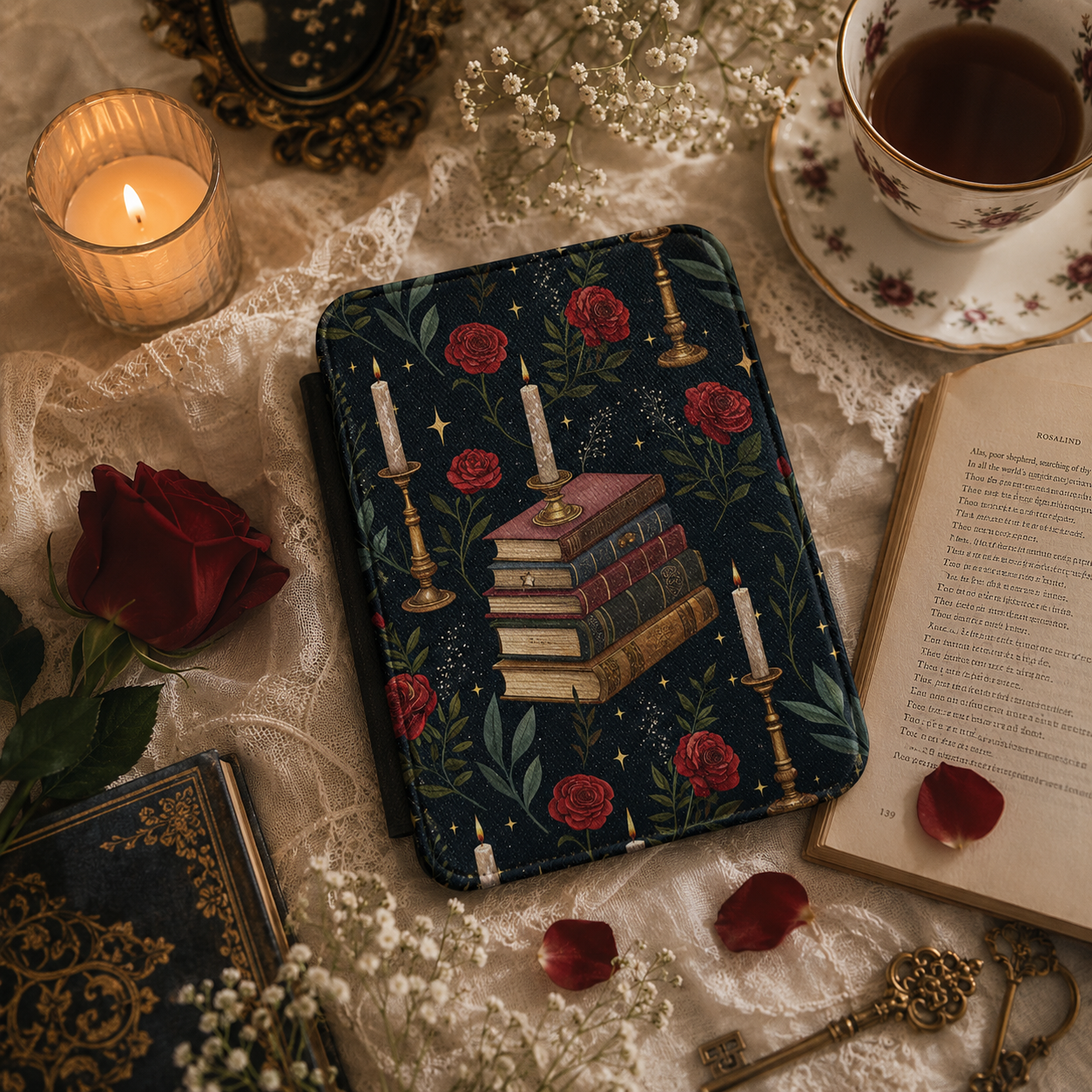 Candlelit Library Kindle case front cover — cozy library print