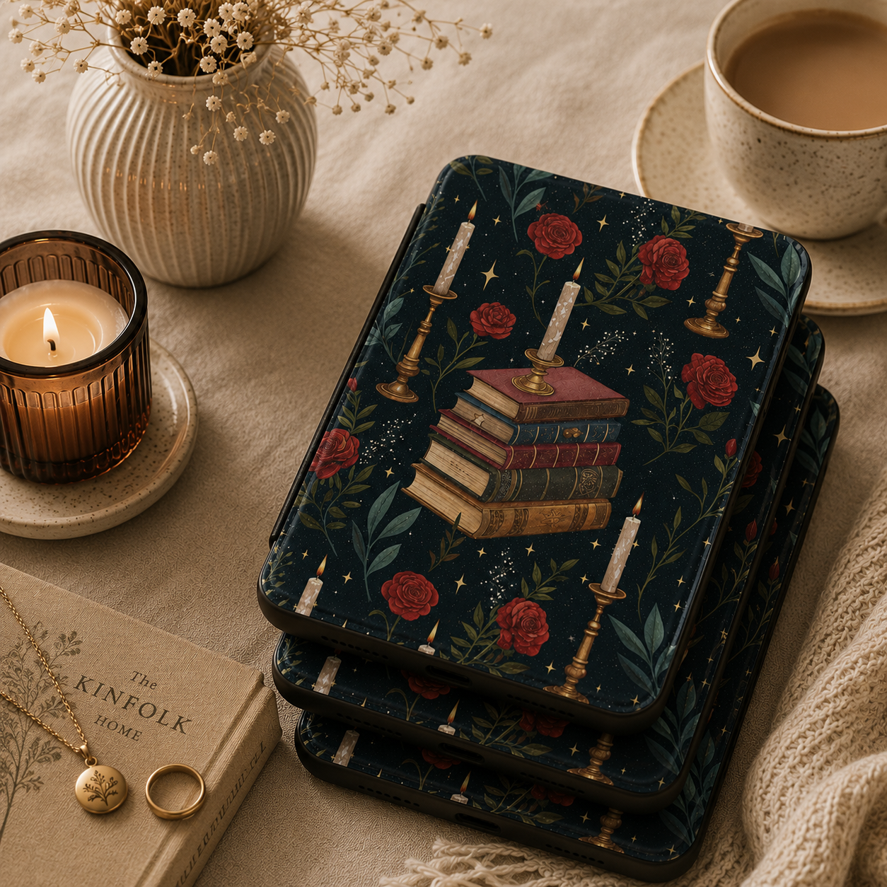 Candlelit Library Kindle case open showing e-ink Kindle on right interior panel