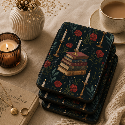 Candlelit Library Kindle case open showing e-ink Kindle on right interior panel