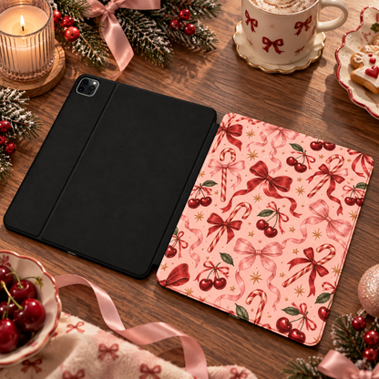 Candy Canes & Cherries iPad case shown front and back — printed front cover, plain black back