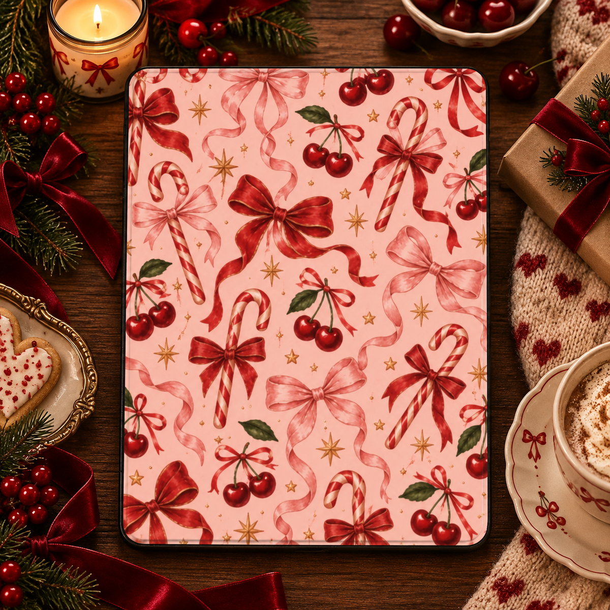 Candy Canes & Cherries iPad case styled with a candle, cocoa and wrapped gifts
