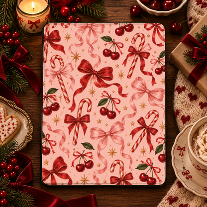 Candy Canes & Cherries iPad case styled with a candle, cocoa and wrapped gifts