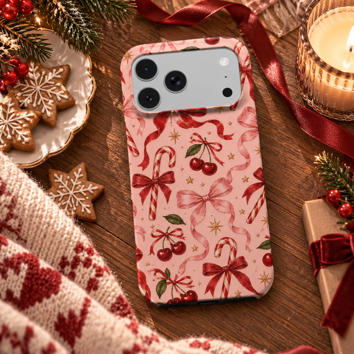 Candy Canes & Cherries phone case – MagSafe iPhone case, lifestyle photo