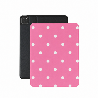 Candy pink polka dot iPad case in deep pink vegan Saffiano leather — small white spots