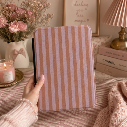 Caramel Lilac Stripe Kindle case shown at an angle
