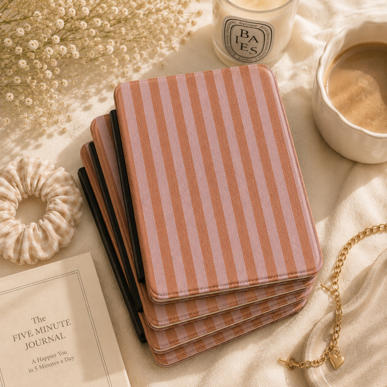 Close-up of Caramel Lilac Stripe Saffiano Kindle case