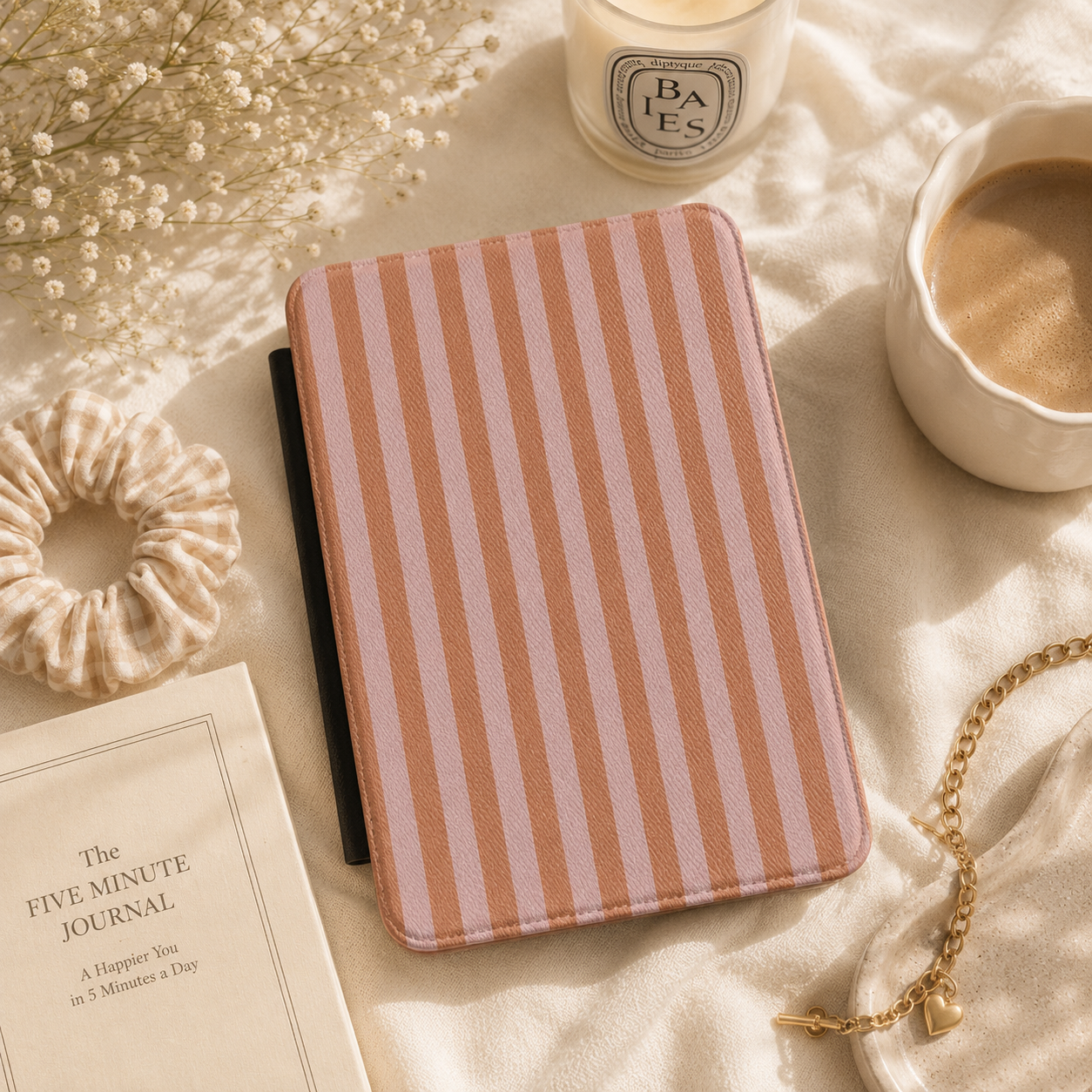 Caramel Lilac Stripe Kindle case open showing e-ink Kindle on right interior panel