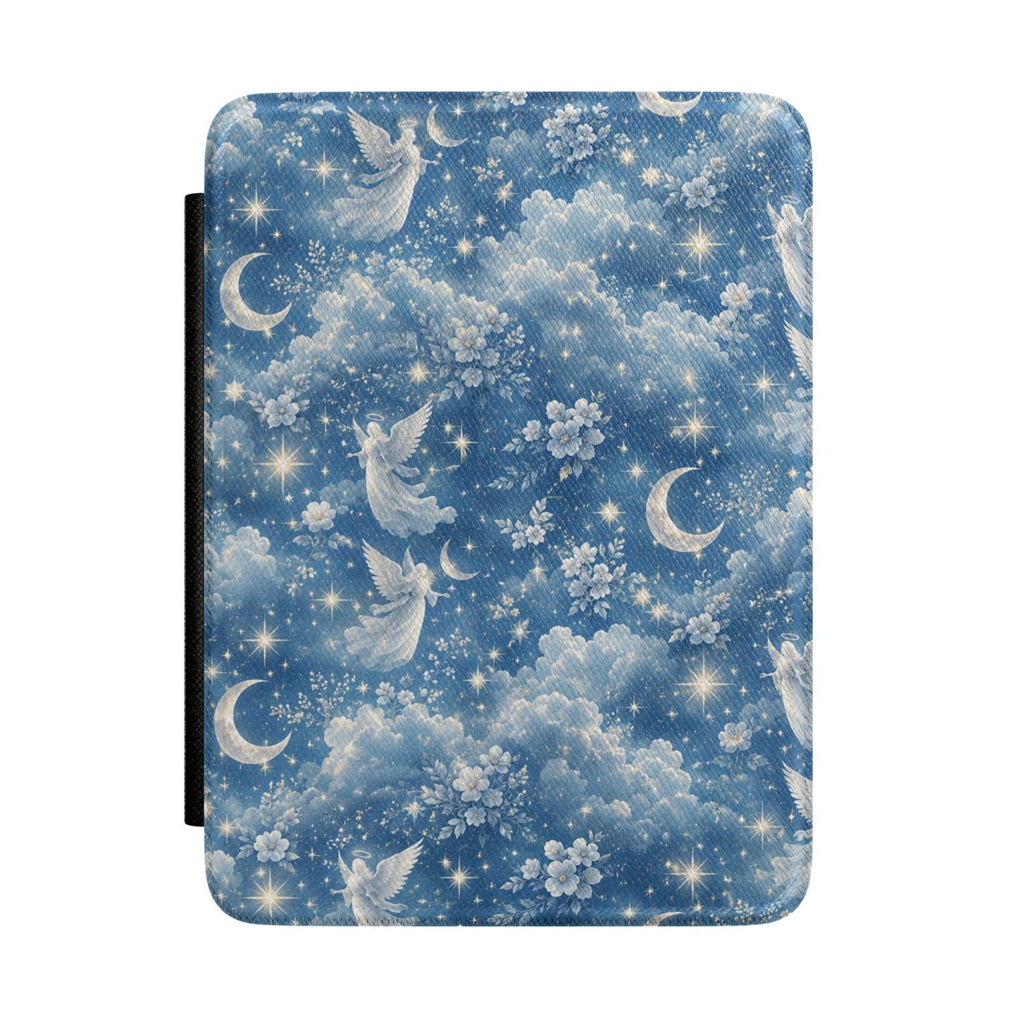 Dusk blue Kindle Paperwhite case with white angels, crescent moons and stars front cover — Dark Romantasy celestial gift