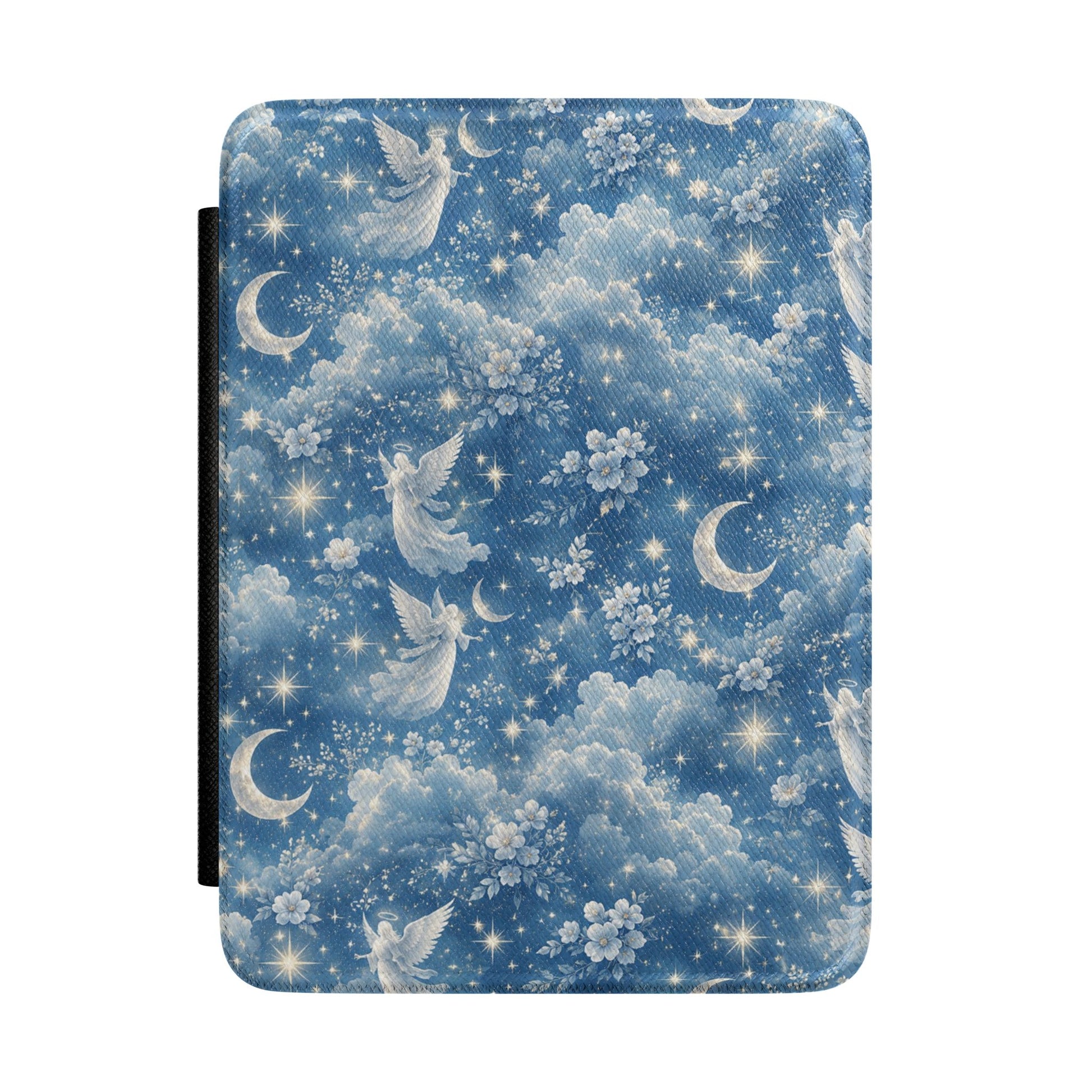 Dusk blue Kindle Paperwhite case with white angels, crescent moons and stars front cover — Dark Romantasy celestial gift