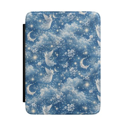 Dusk blue Kindle Paperwhite case with white angels, crescent moons and stars front cover — Dark Romantasy celestial gift