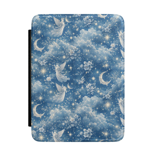 Dusk blue Kindle Paperwhite case with white angels, crescent moons and stars front cover — Dark Romantasy celestial gift