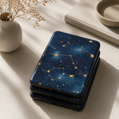 Celestial constellations Kindle case open showing e-ink Kindle on right interior panel