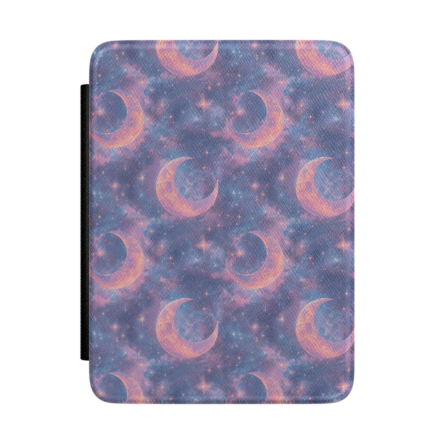 Violet nebula Kindle Paperwhite case with peach crescent moons and stars front cover — Dark Romantasy celestial gift