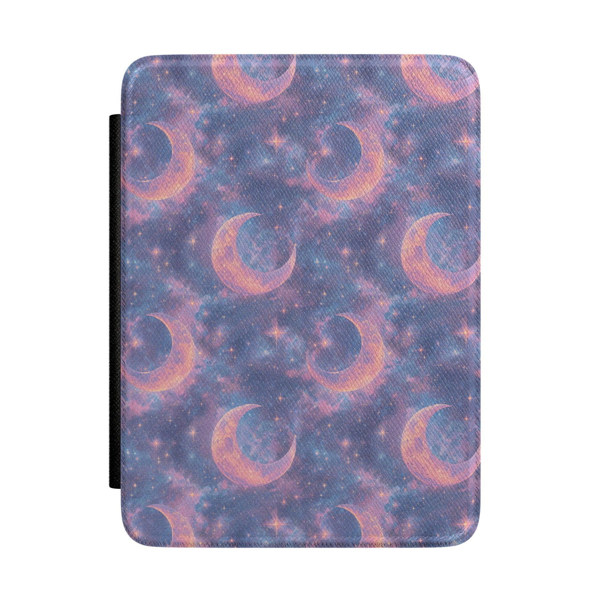 Violet nebula Kindle Paperwhite case with peach crescent moons and stars front cover — Dark Romantasy celestial gift