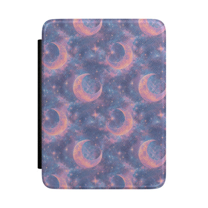 Violet nebula Kindle Paperwhite case with peach crescent moons and stars front cover — Dark Romantasy celestial gift