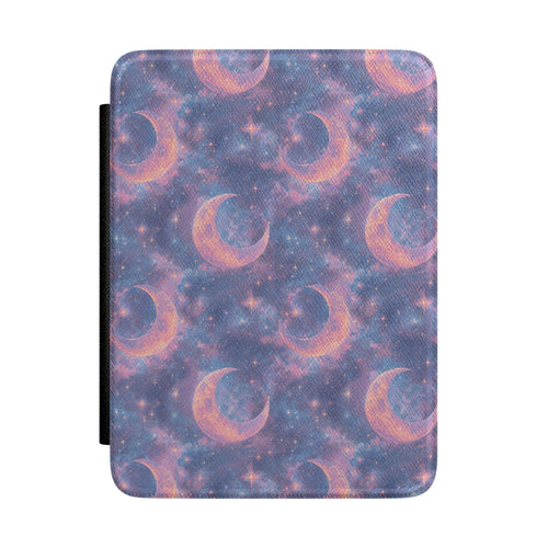 Violet nebula Kindle Paperwhite case with peach crescent moons and stars front cover — Dark Romantasy celestial gift