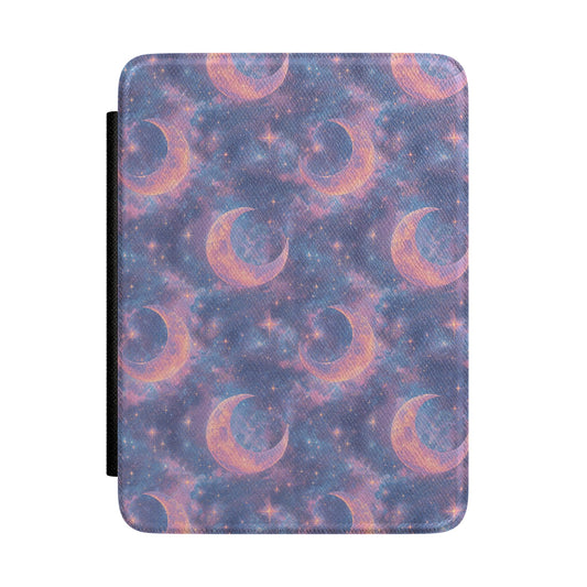 Violet nebula Kindle Paperwhite case with peach crescent moons and stars front cover — Dark Romantasy celestial gift