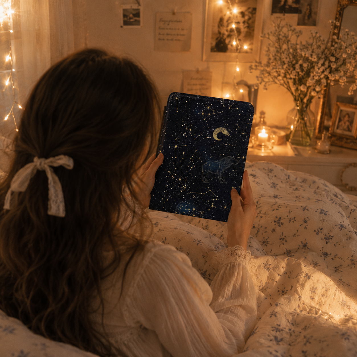 Close-up of Celestial Stallion Saffiano Kindle case
